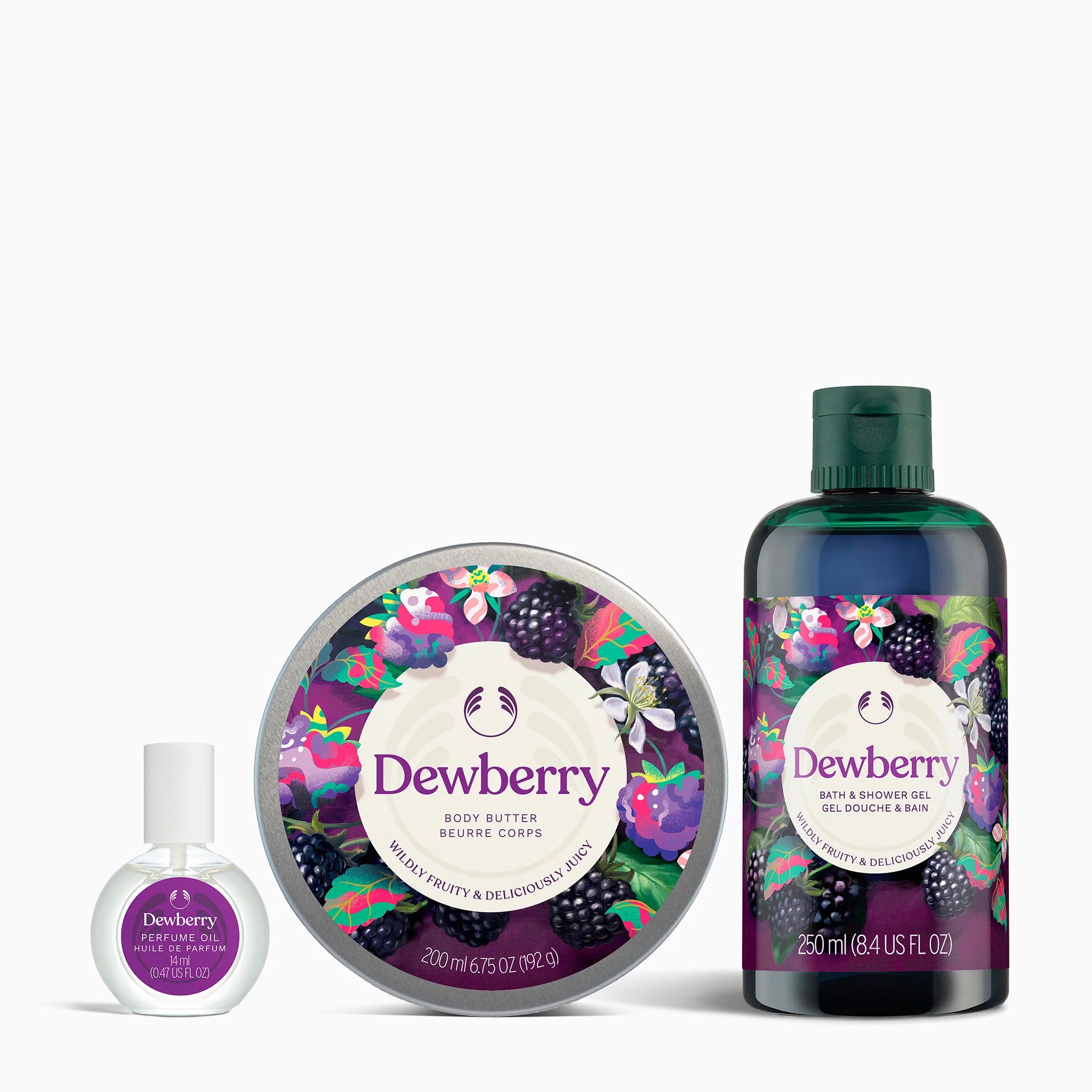 Dewberry skincare products including a bottle, tin, and small bottle on a white background