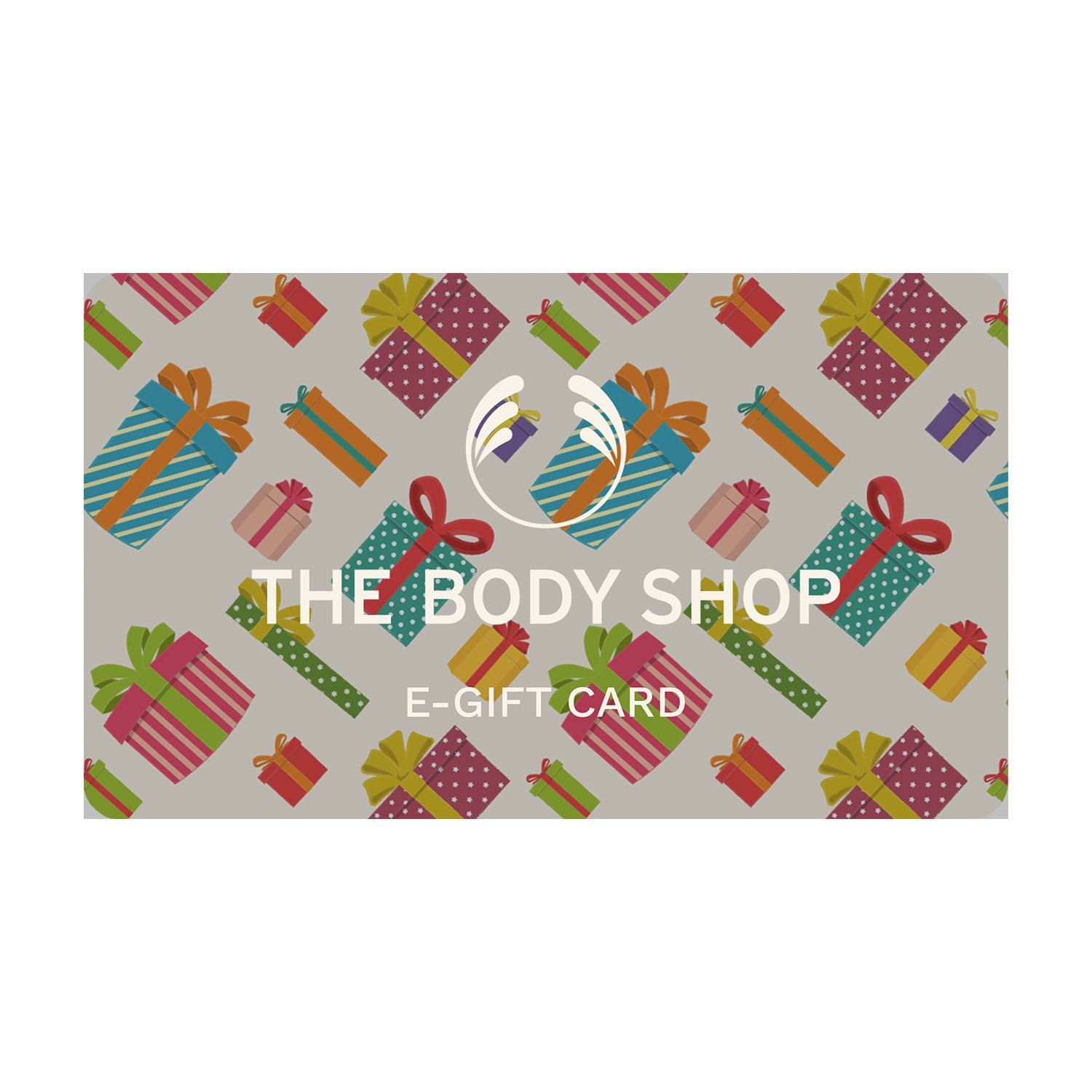 The Body Shop e-gift card with colorful gift box pattern on a beige background
