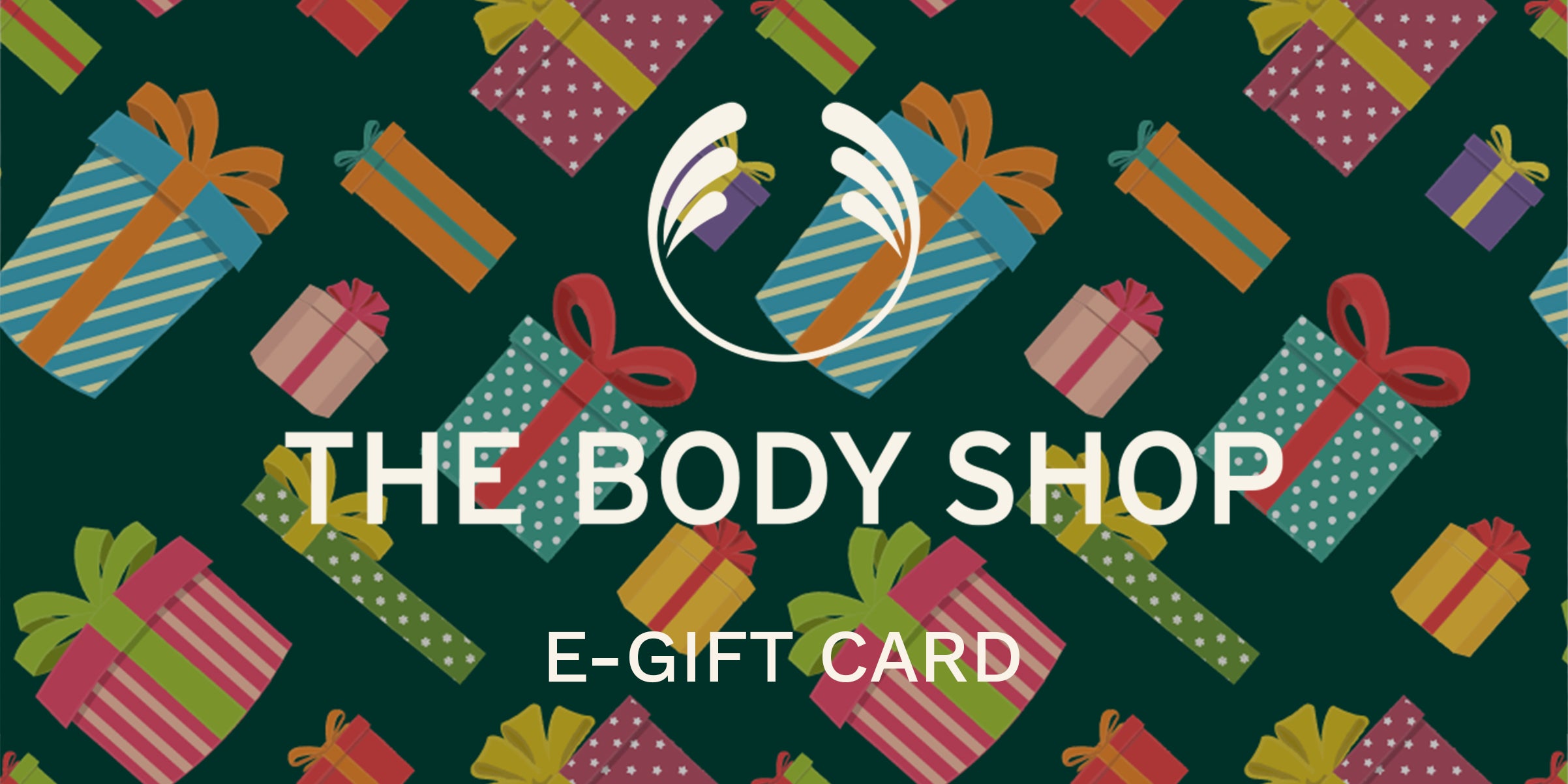 The Body Shop e-gift card with colorful gift boxes on a green background