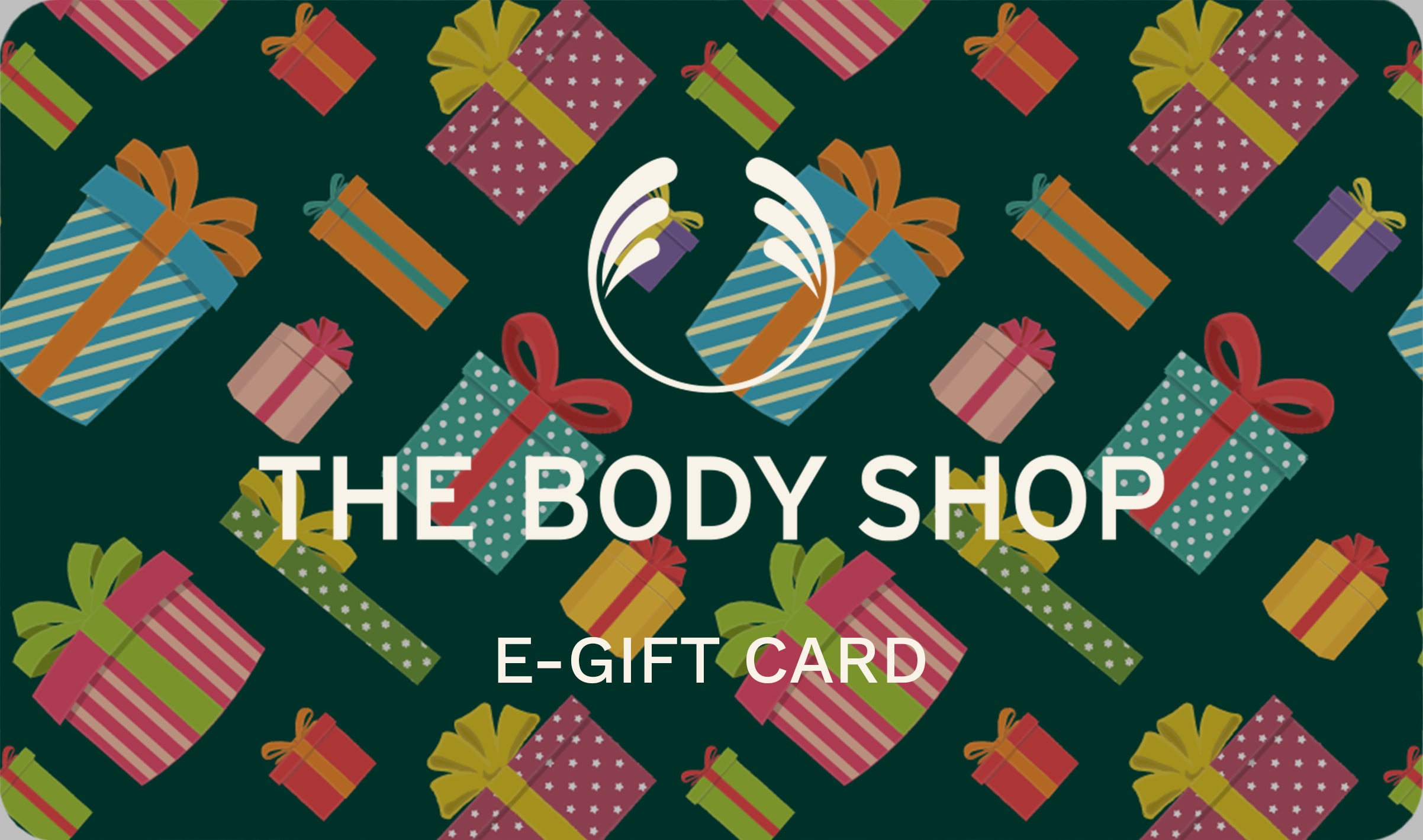 The Body Shop e-gift card with colorful gift boxes on a green background