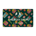 The Body Shop e-gift card with colorful gift box pattern on a green background
