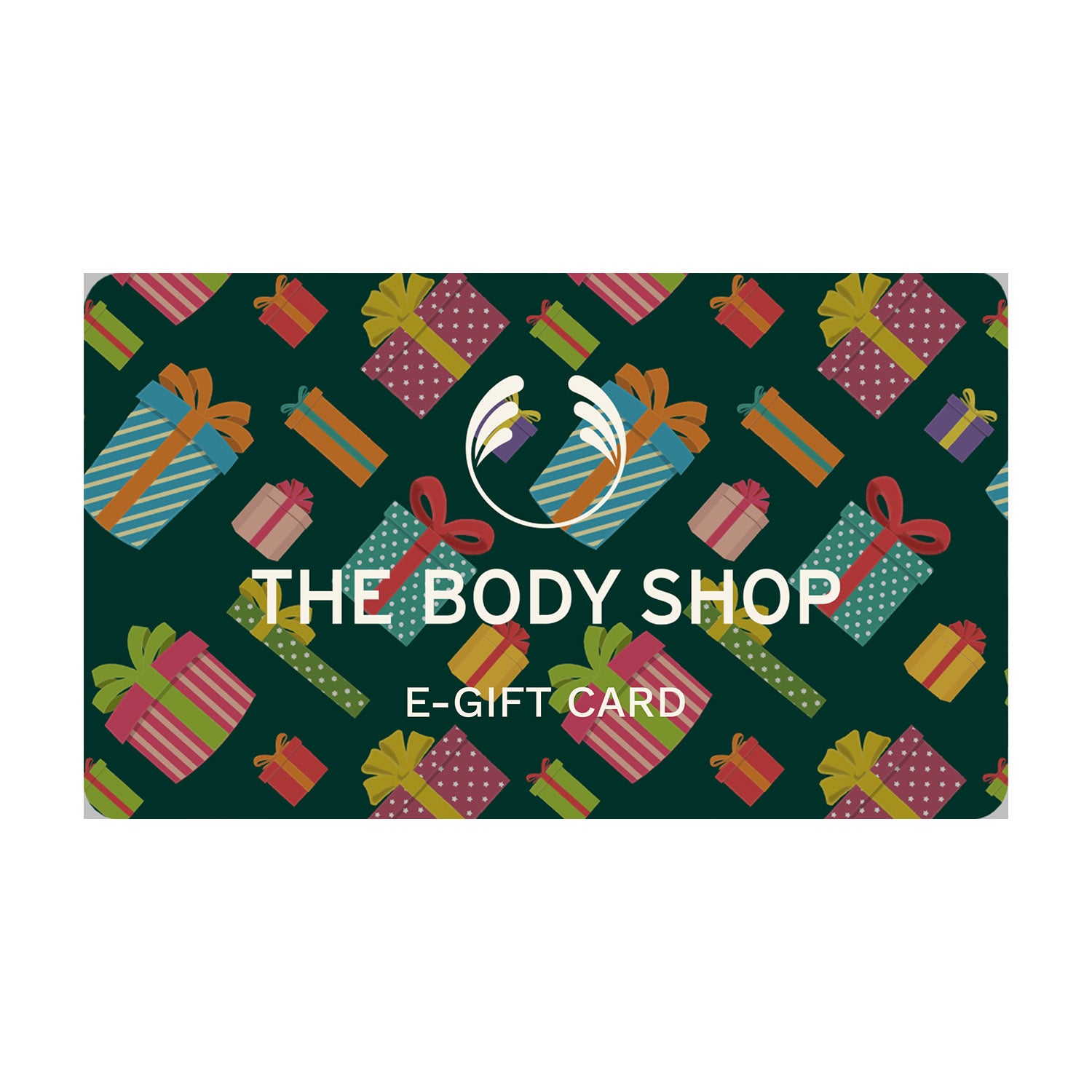 The Body Shop e-gift card with colorful gift box pattern on a green background