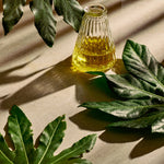 Glass bottle of yellow liquid surrounded by green leaves on a beige background