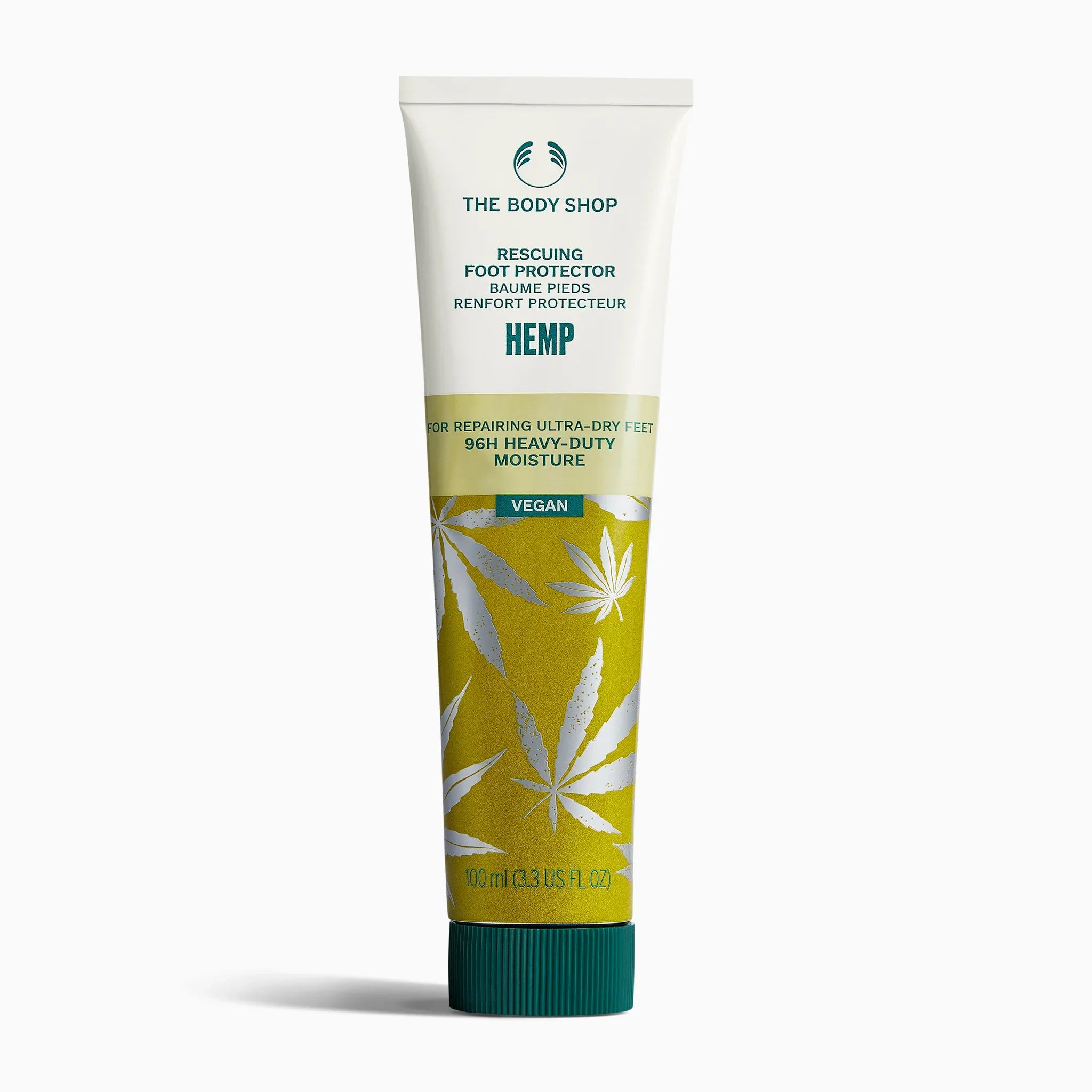 Tube of The Body Shop Hemp foot balm on a white background