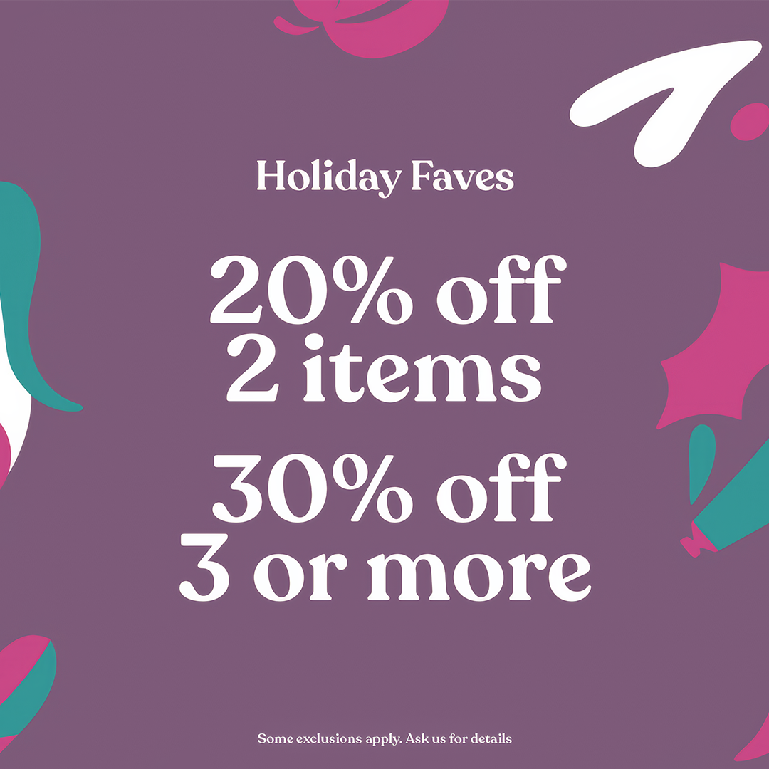 Promotional text for holiday sales on a purple background with decorative elements.