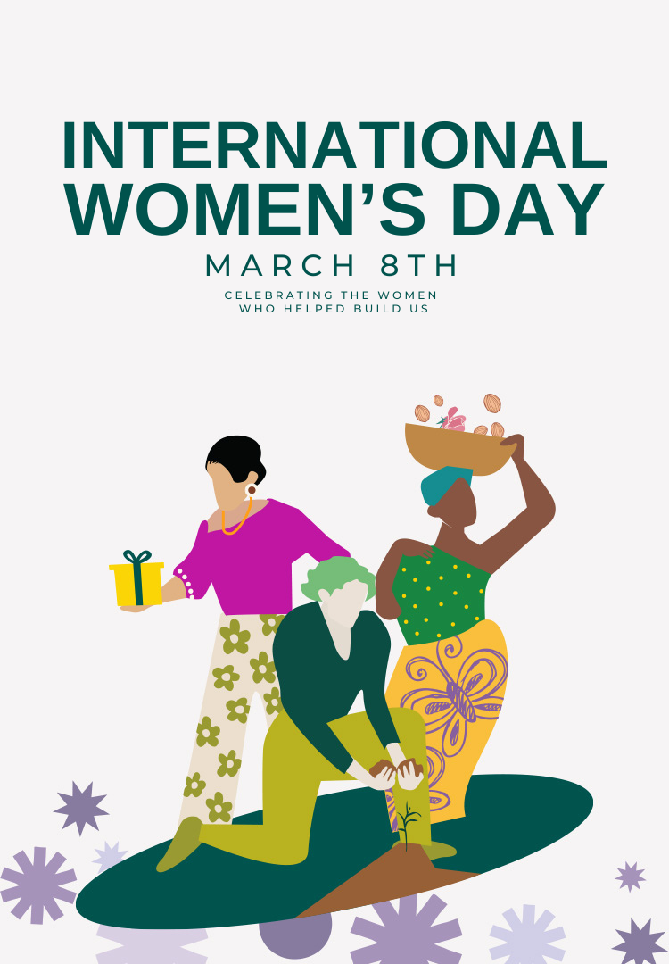 International Women's Day poster with three women in colorful outfits and a text overlay.