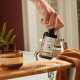 Person holding a bottle of The Body Shop product next to a fern in a vase on a wooden shelf.