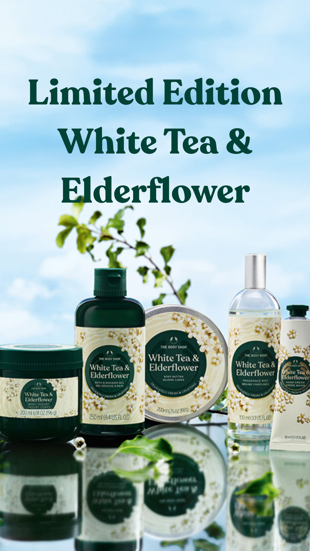 White Tea & Elderflower product line with bottles and jars on a reflective surface with a blurred natural background.