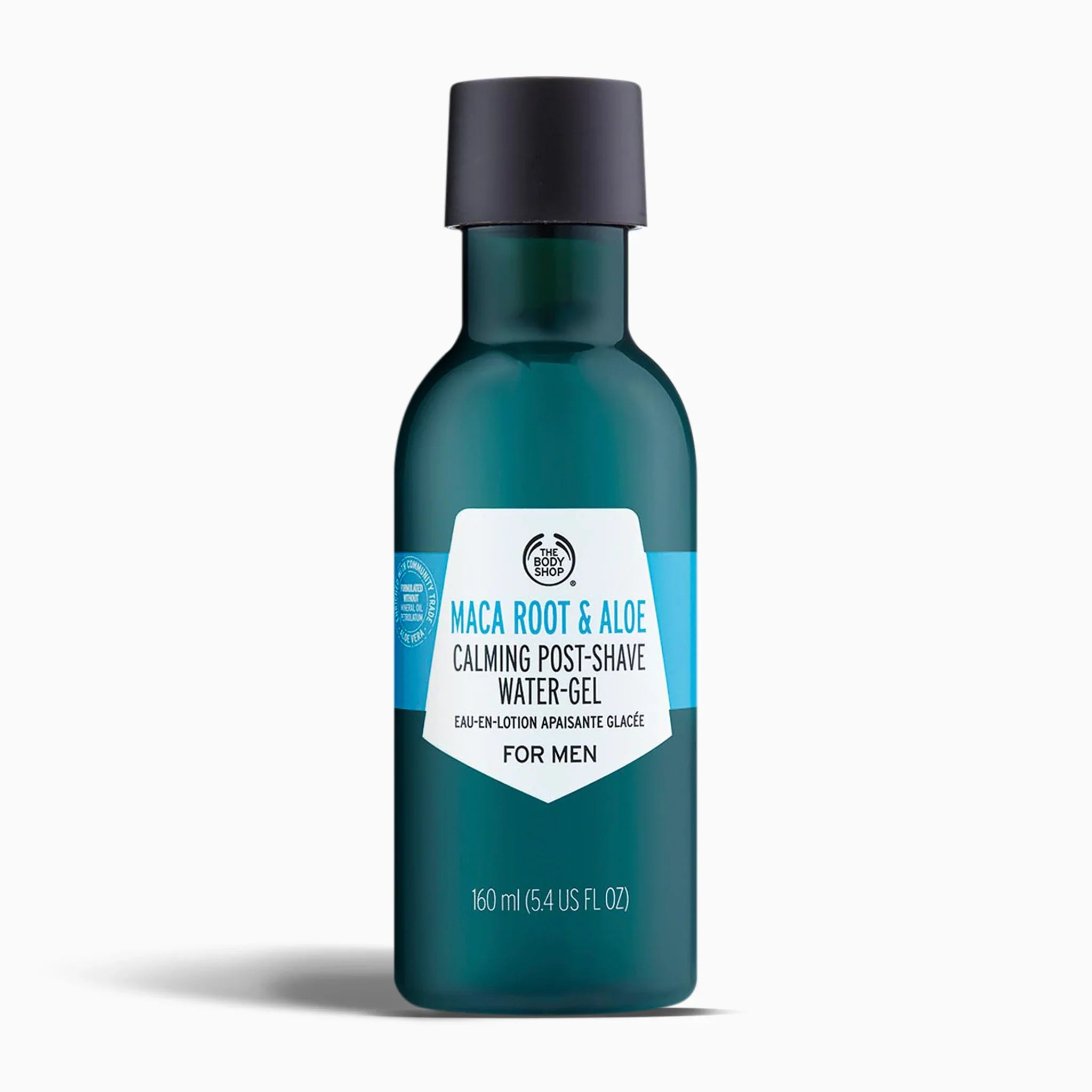 Blue bottle of The Body Shop Maca Root & Aloe Calming Post-Shave Water-Gel on a white background
