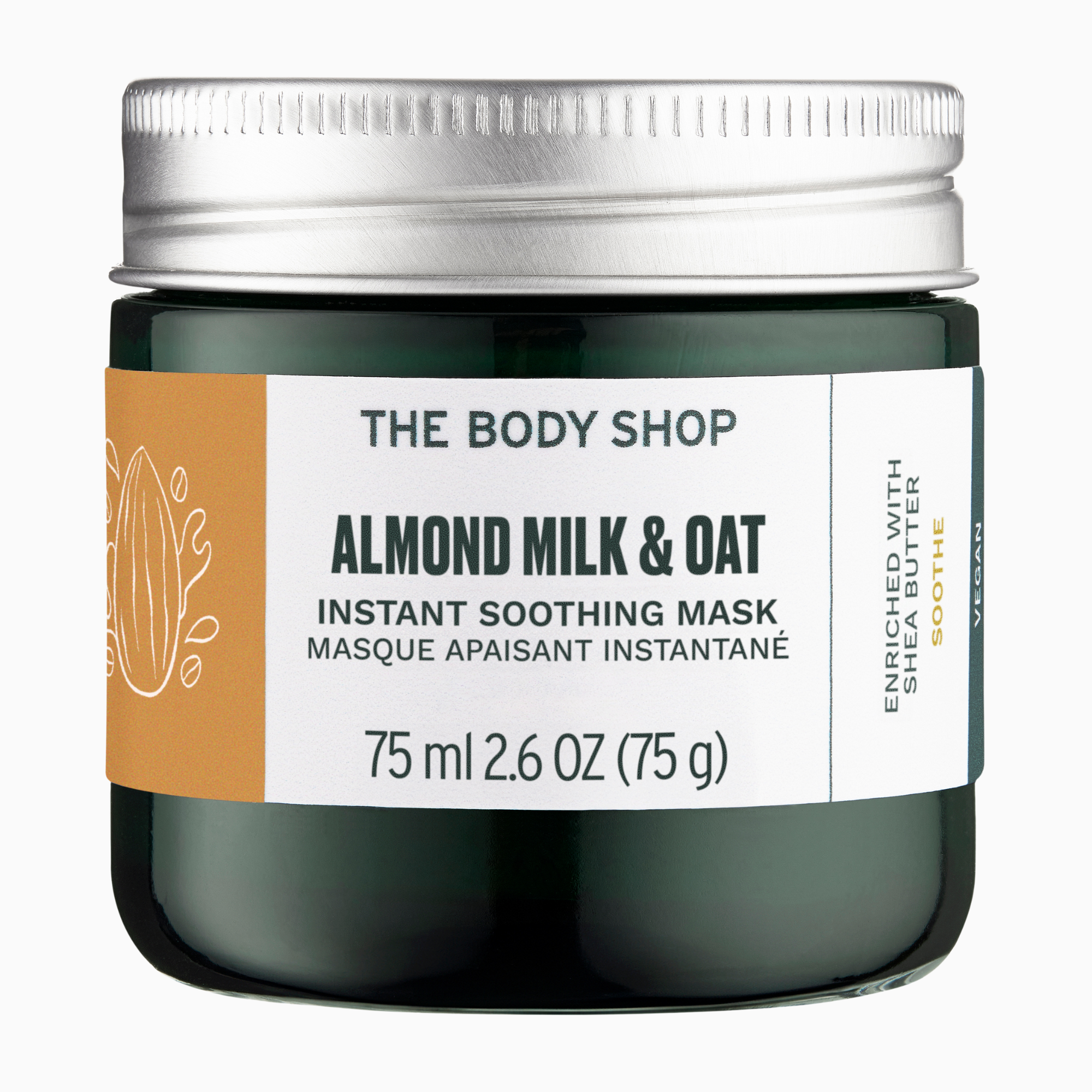 The Body Shop Almond Milk & Oat instant soothing mask jar on a white background