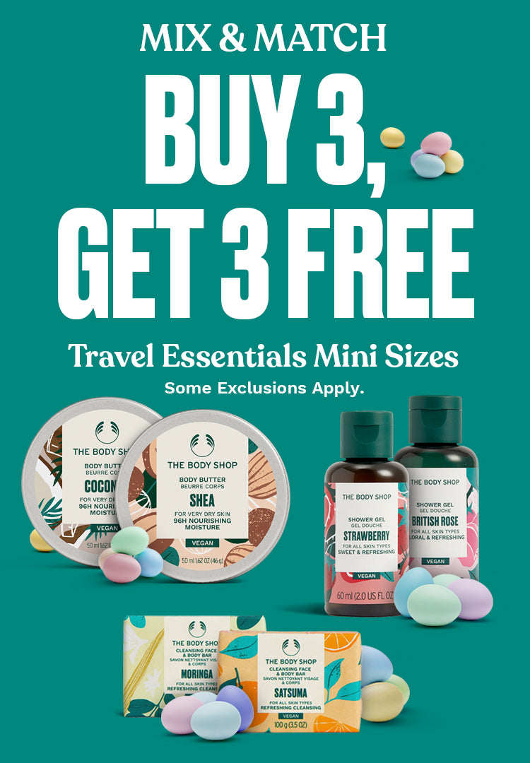 Promotional image of The Body Shop travel essentials with 'Buy 3, Get 3 Free' offer on a teal background.