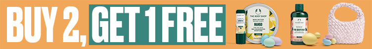 Promotional banner with 'Buy 2, Get 1 Free' offer on a beige background with products displayed.