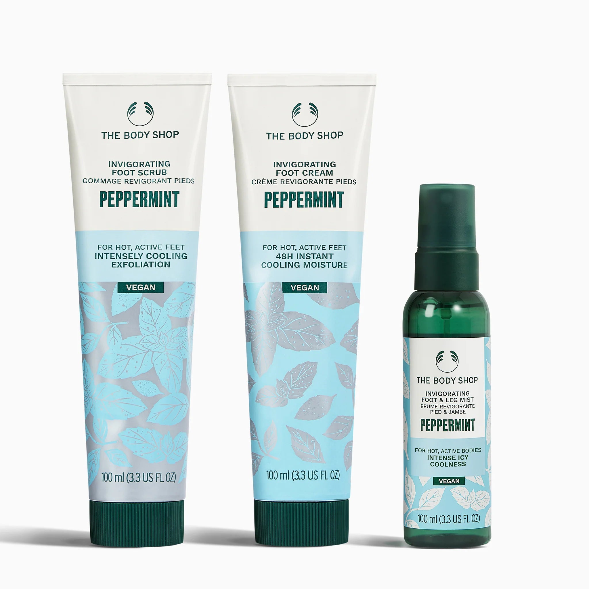 The Body Shop peppermint foot care products on a white background