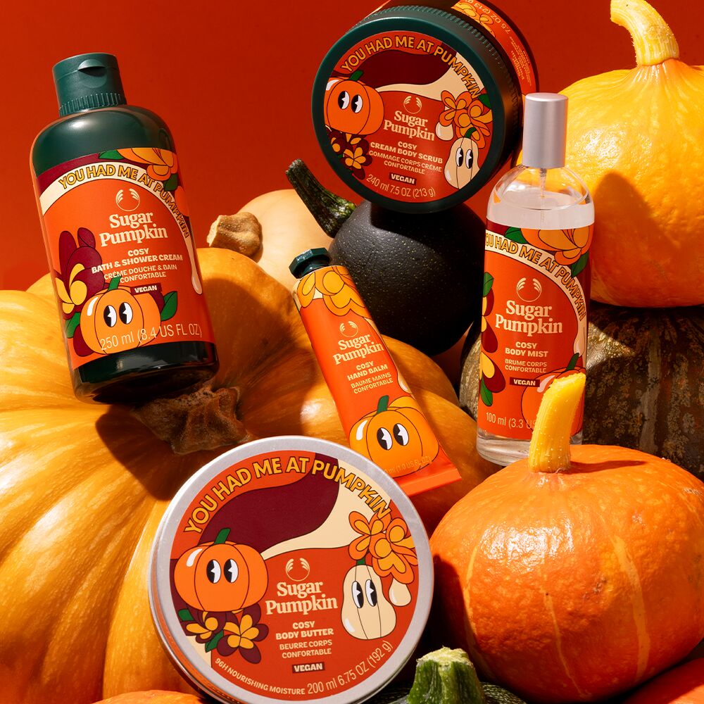 You Had Me At Pumpkin skincare products with pumpkins on an orange background