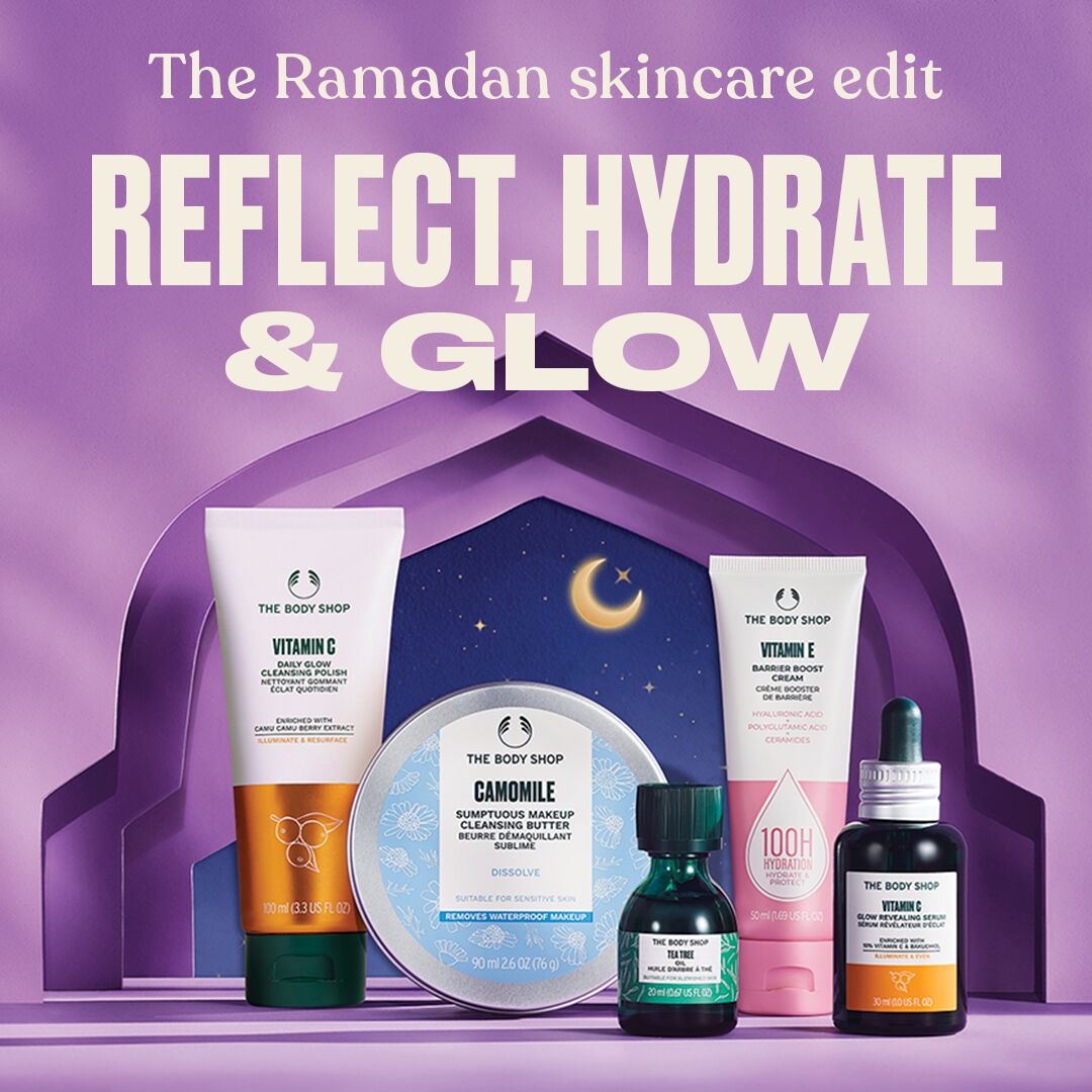 Promotional image of The Body Shop skincare products with 'Reflect, Hydrate & Glow' text on a purple background.