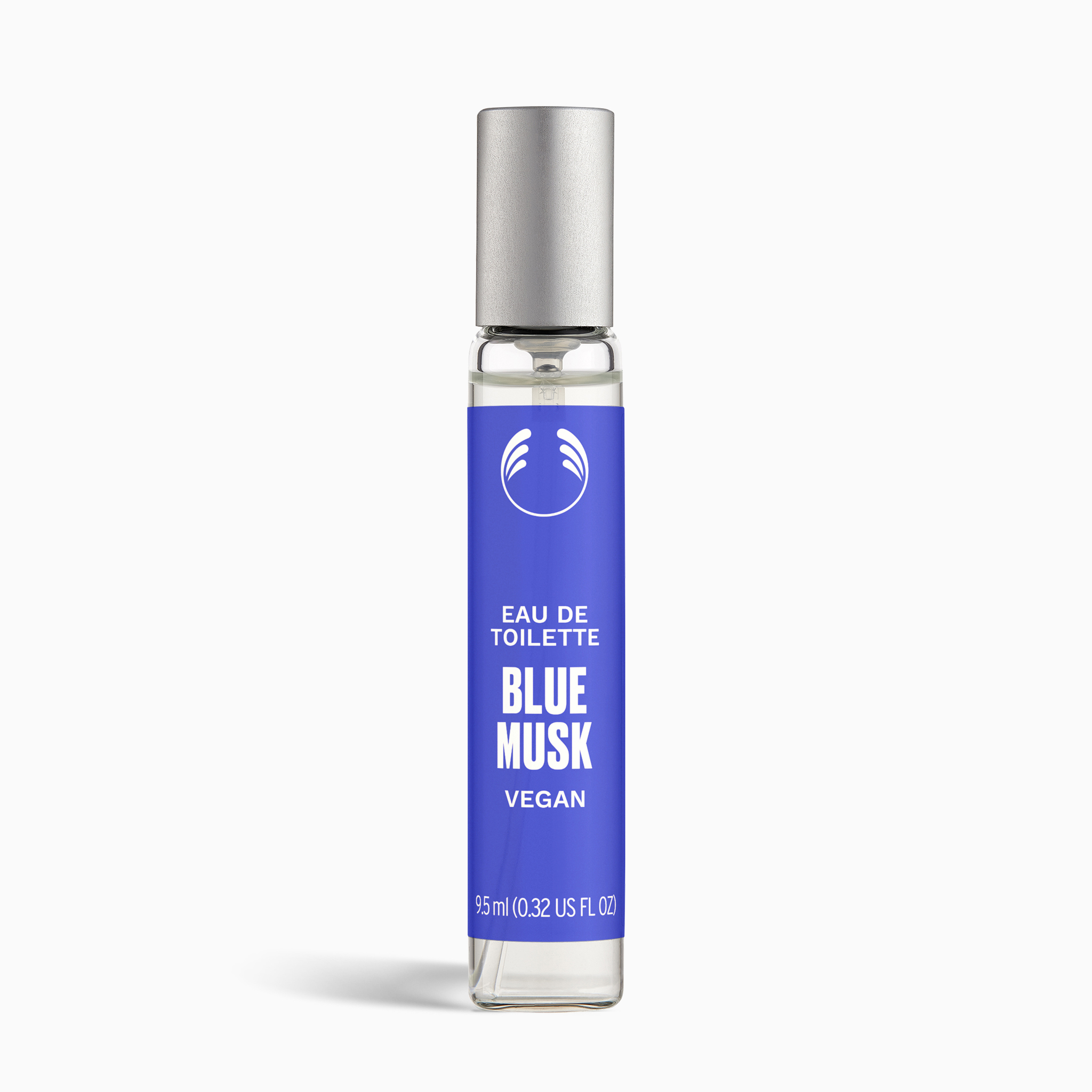 Perfume bottle labeled 'Blue Musk' with a blue label and silver cap on a white background