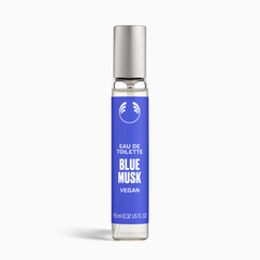 Perfume bottle labeled 'Blue Musk' with a blue label and silver cap on a white background