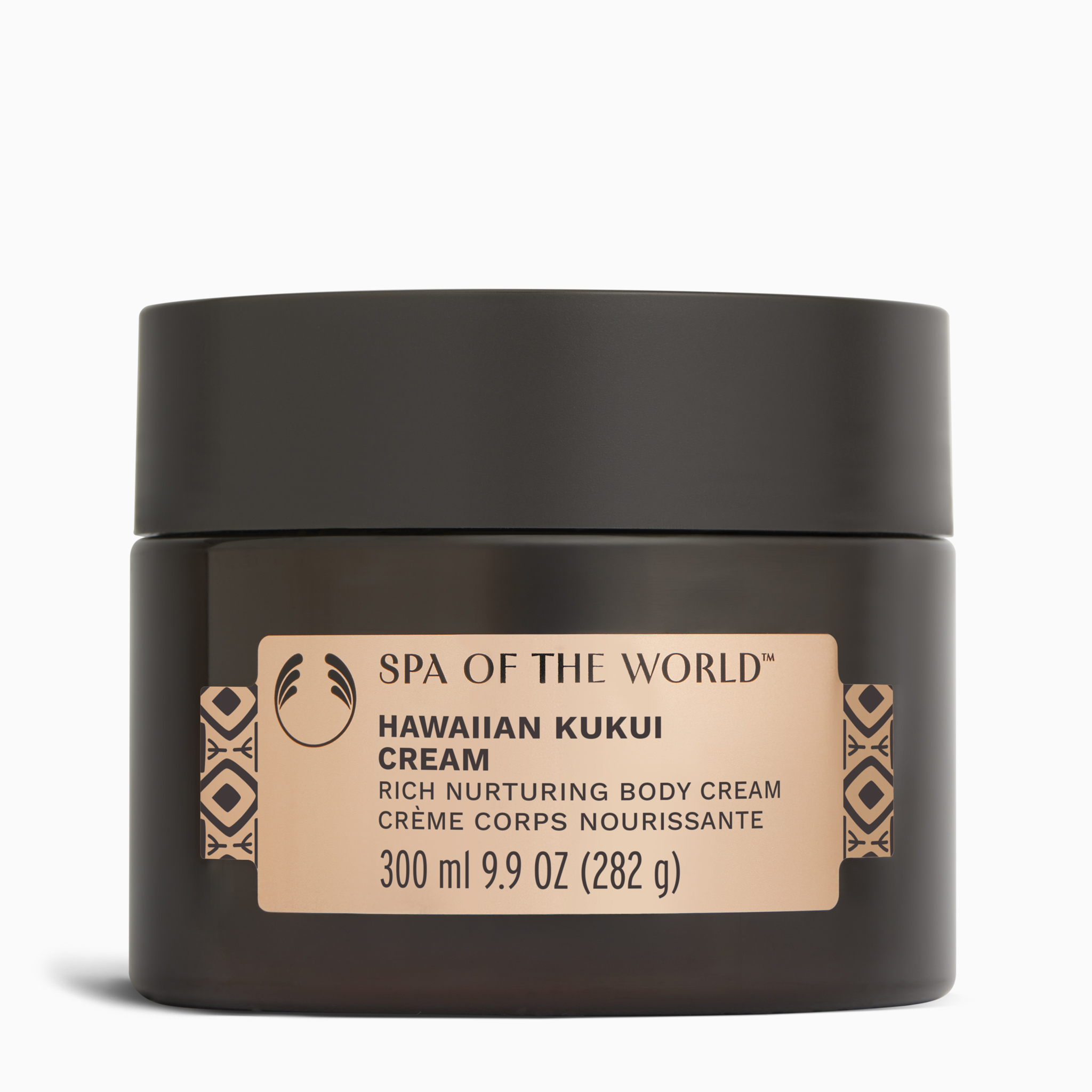 Black jar of Spa of the World Hawaiian Kukui Cream on a white background