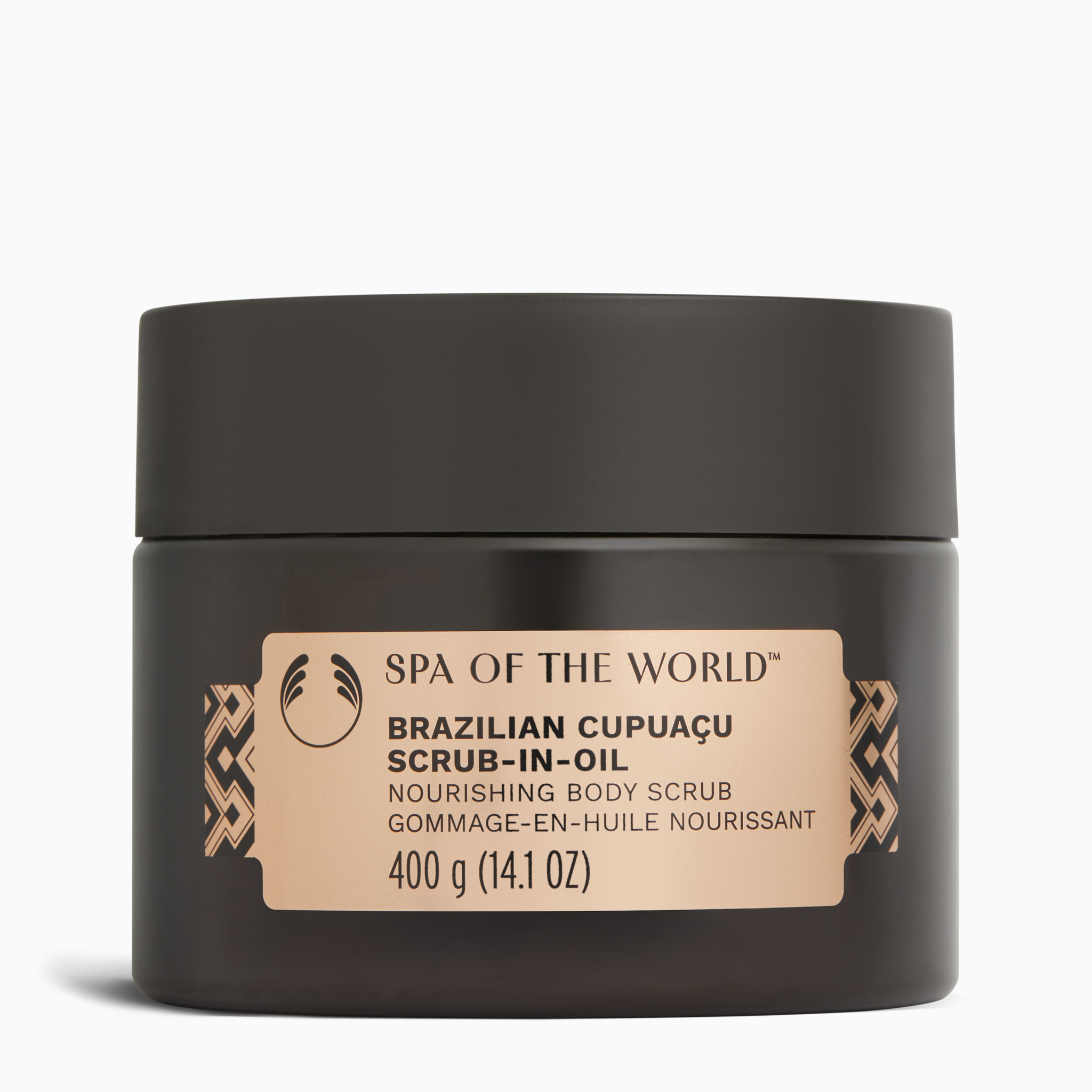 Black jar of Spa of the World Brazilian Cupuaçá Scrub-in-Oil on a white background