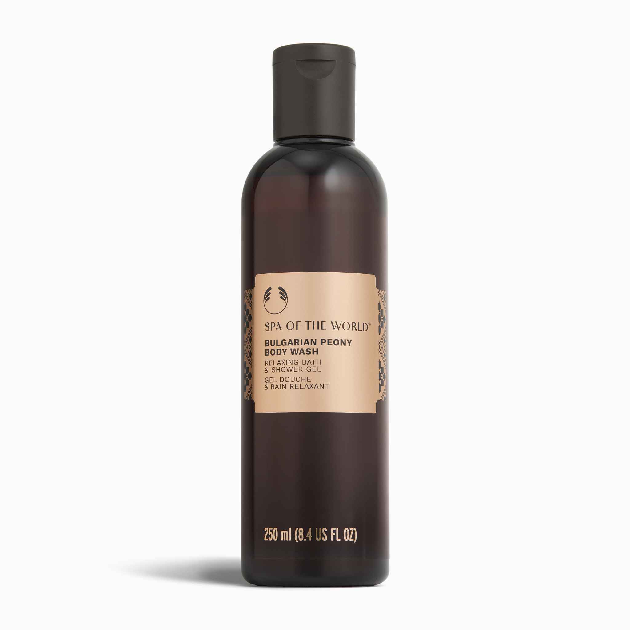 Bottle of Spa of the World Bulgarian Peony Body Wash on a white background