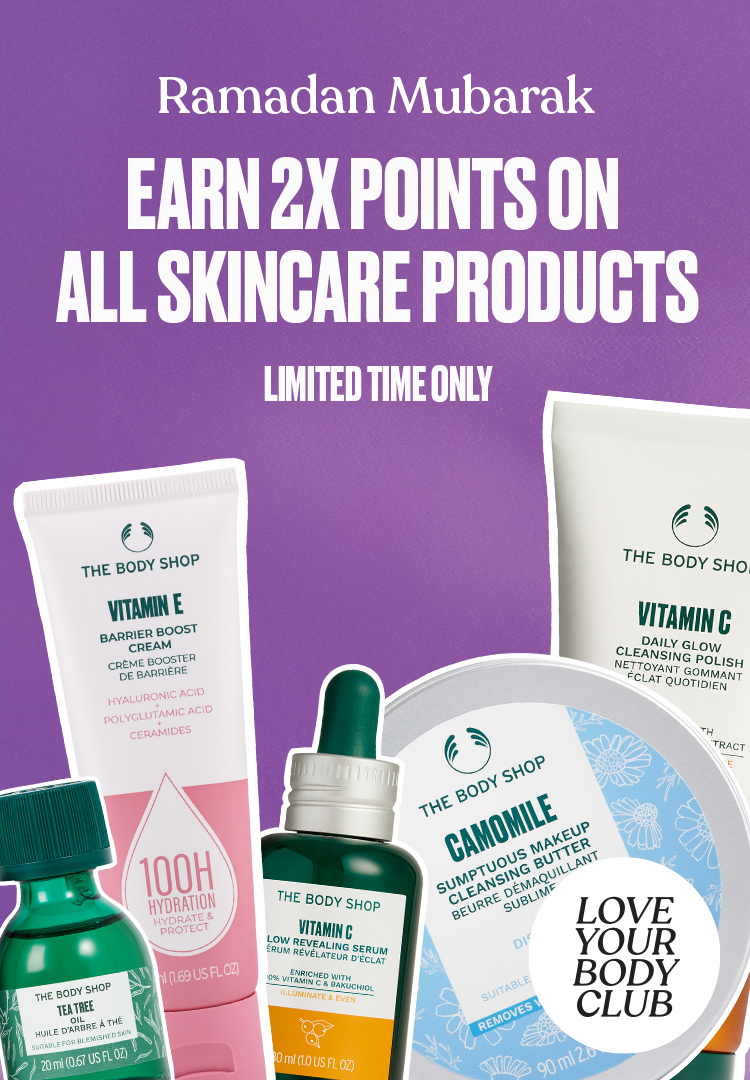 Promotional advertisement for The Body Shop skincare products with a purple background and text about earning points.