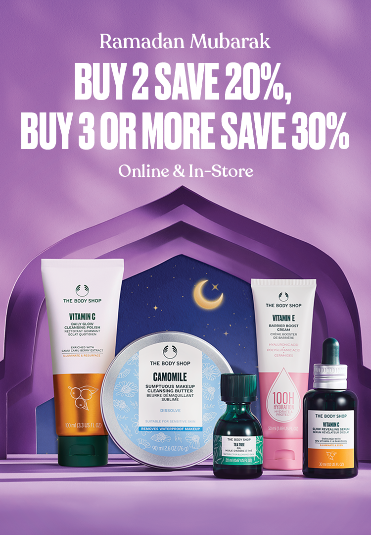 Promotional advertisement for The Body Shop with skincare products and Ramadan Mubarak offer on a purple background.