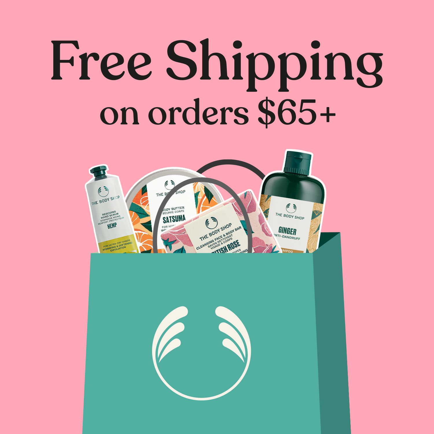 Teal shopping bag with body care products and free shipping offer on pink background