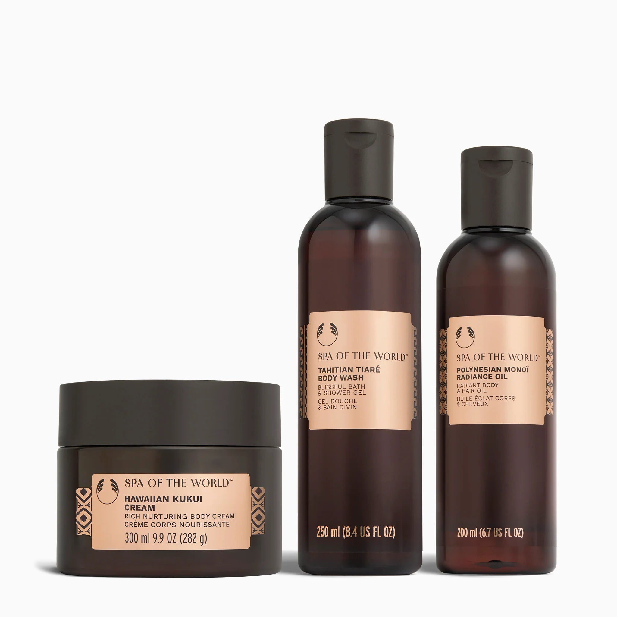 Set of Spa of the World skincare products on a white background