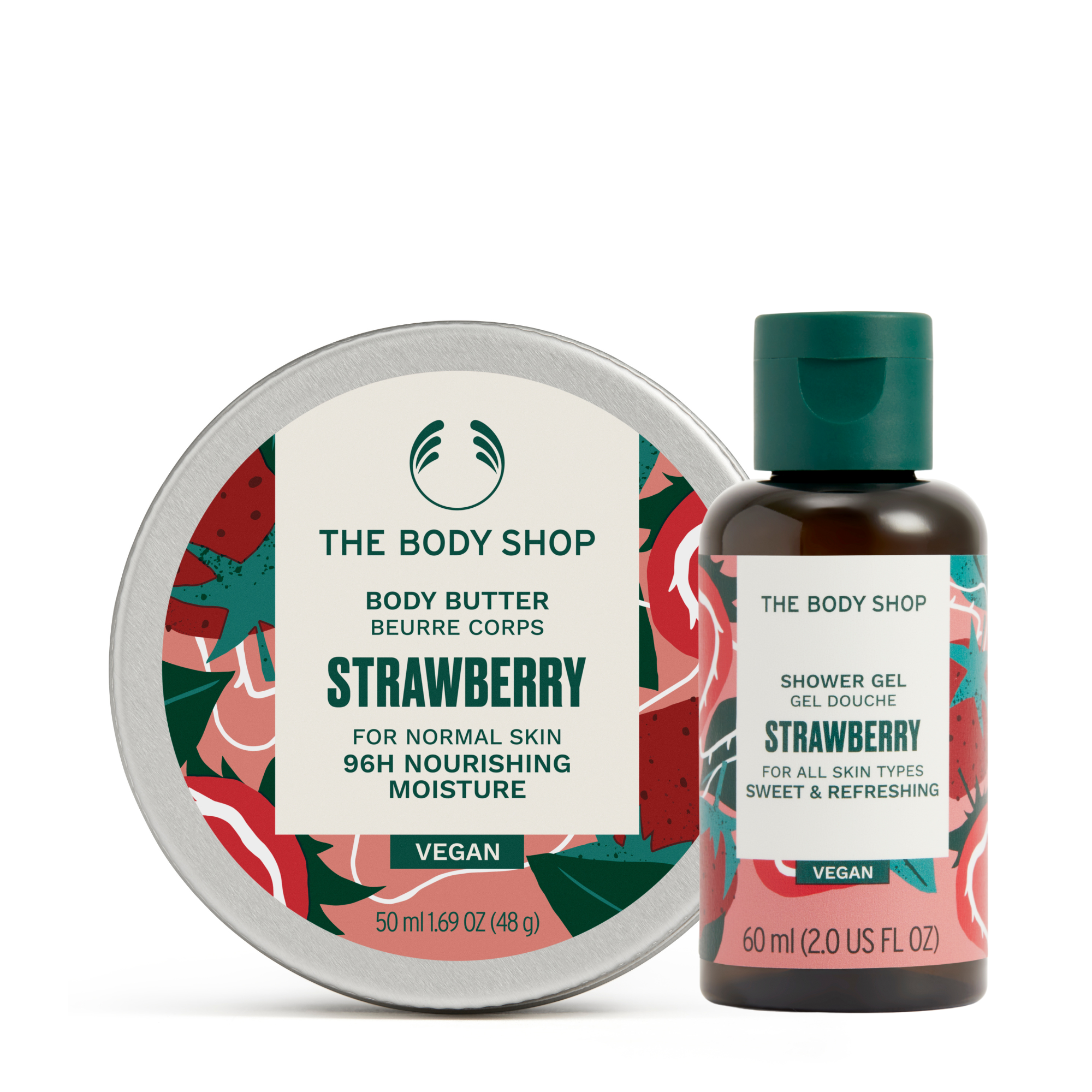 The Body Shop Strawberry body butter and shower gel on a white background