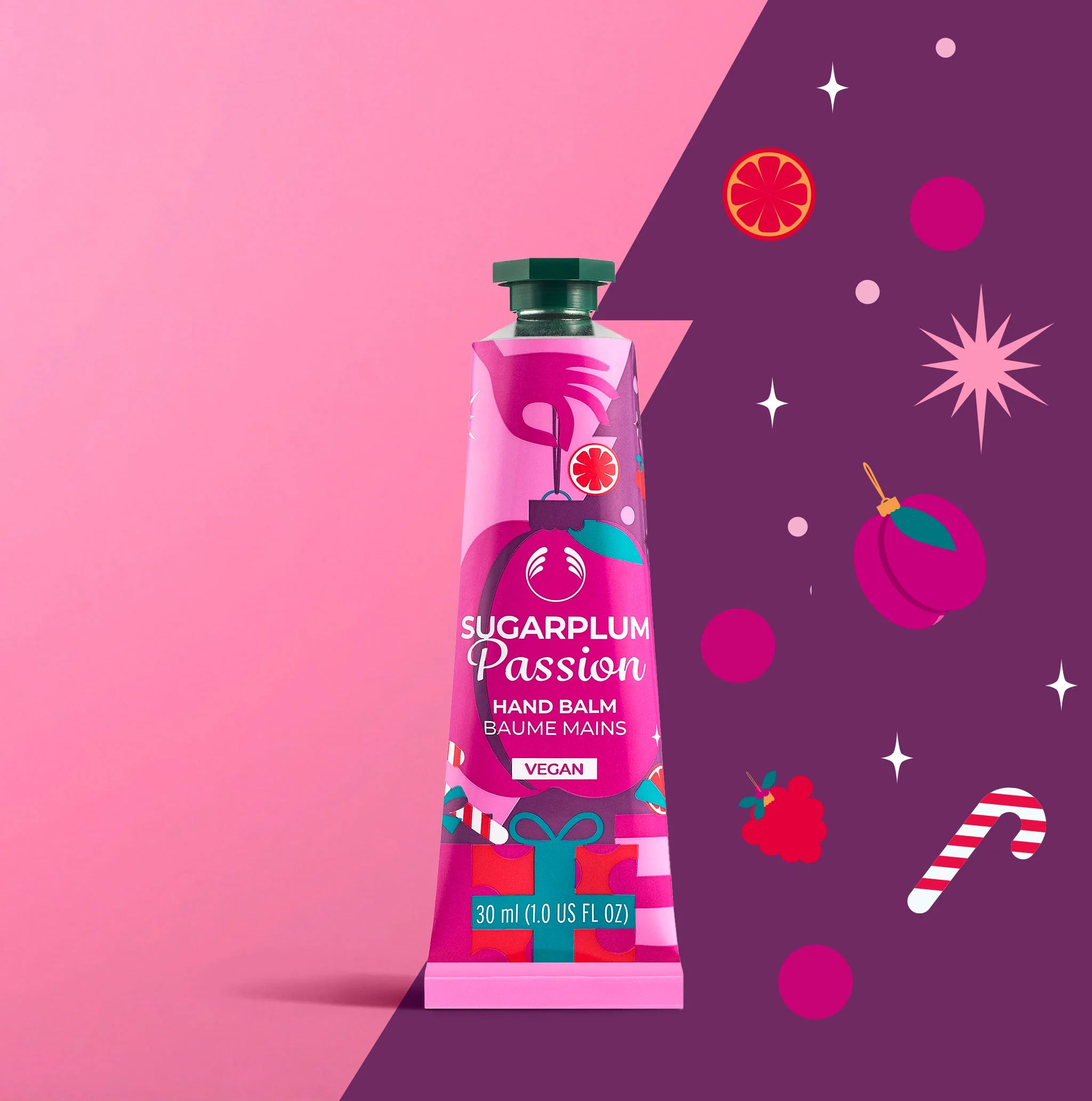 Pink hand balm tube labeled 'Sugarplum Passion' on a pink and purple background with decorative elements.