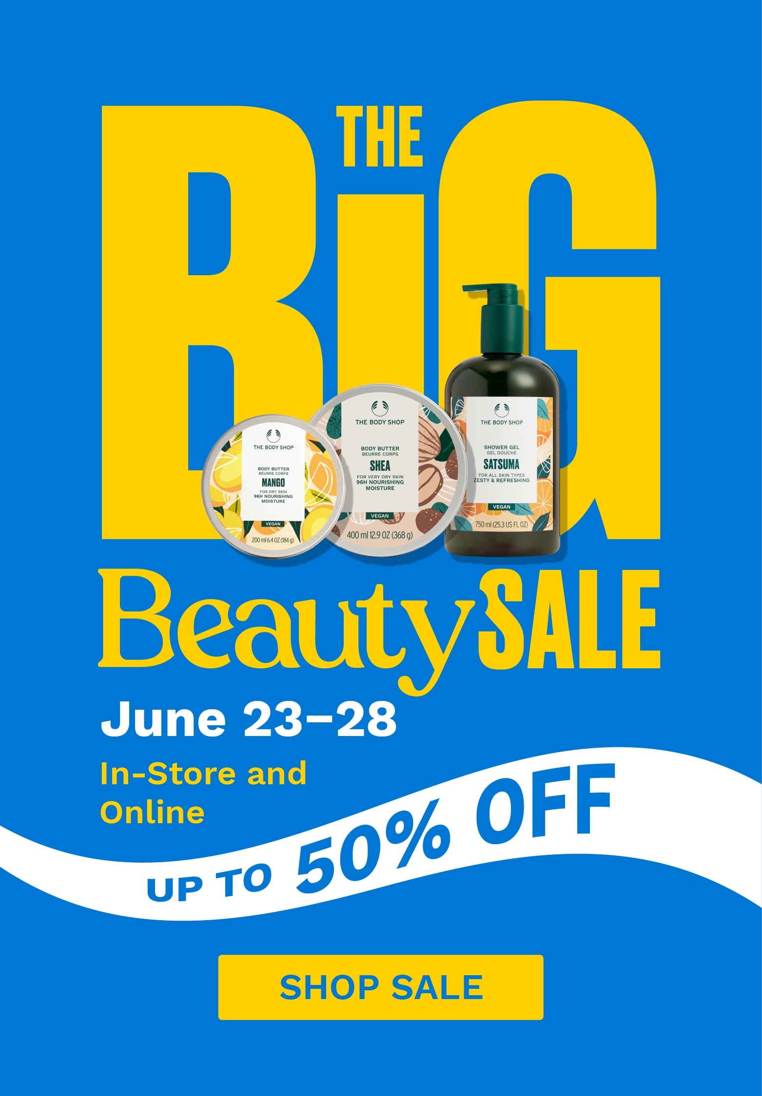 Advertisement for 'The Big Beauty Event' with product images and promotional text on a blue background.