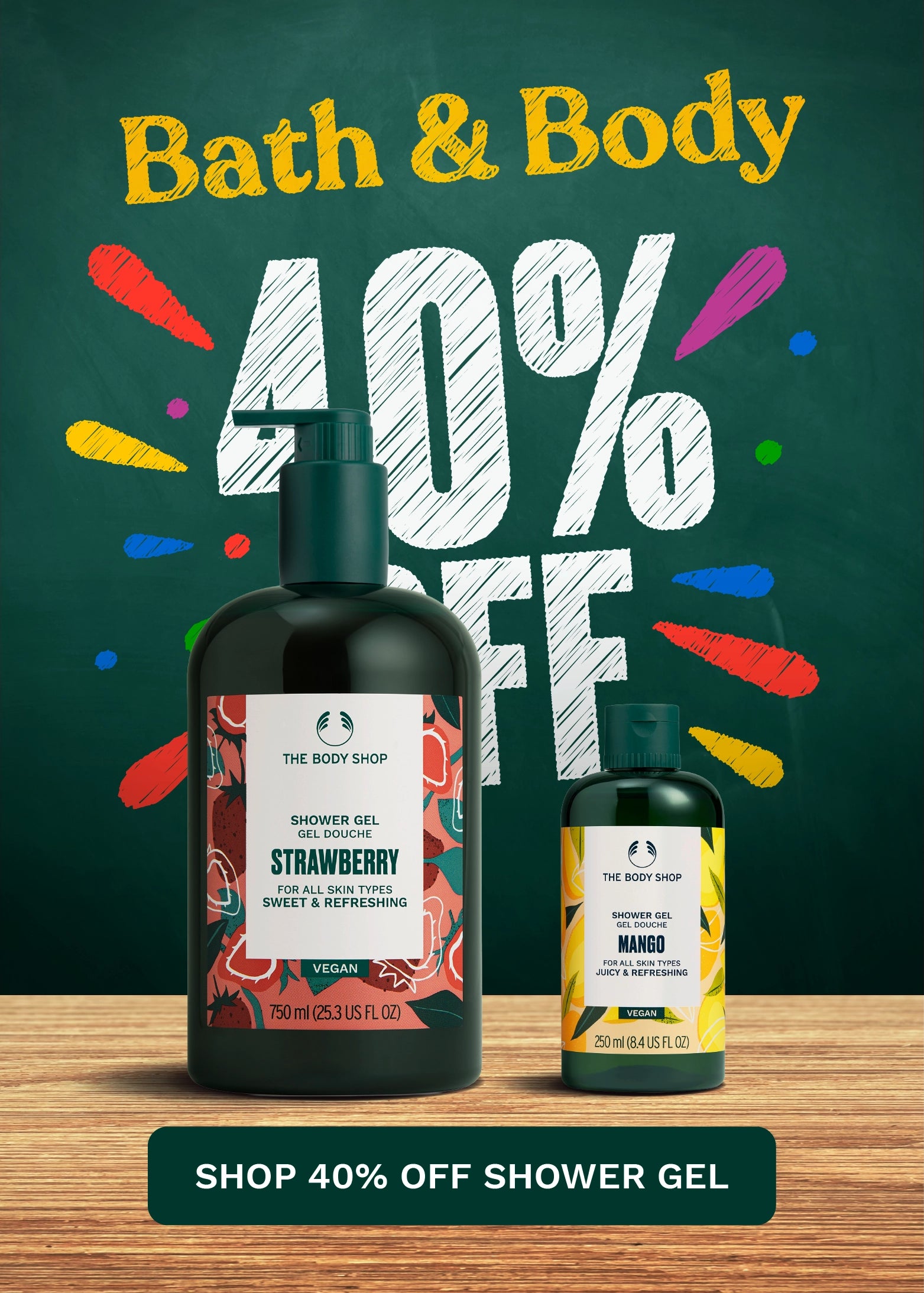 Bath & Body 40% off promotional graphic showing two The Body Shop shower gel bottles on a wooden surface against a dark green chalkboard-style background with colorful confetti and large white text.