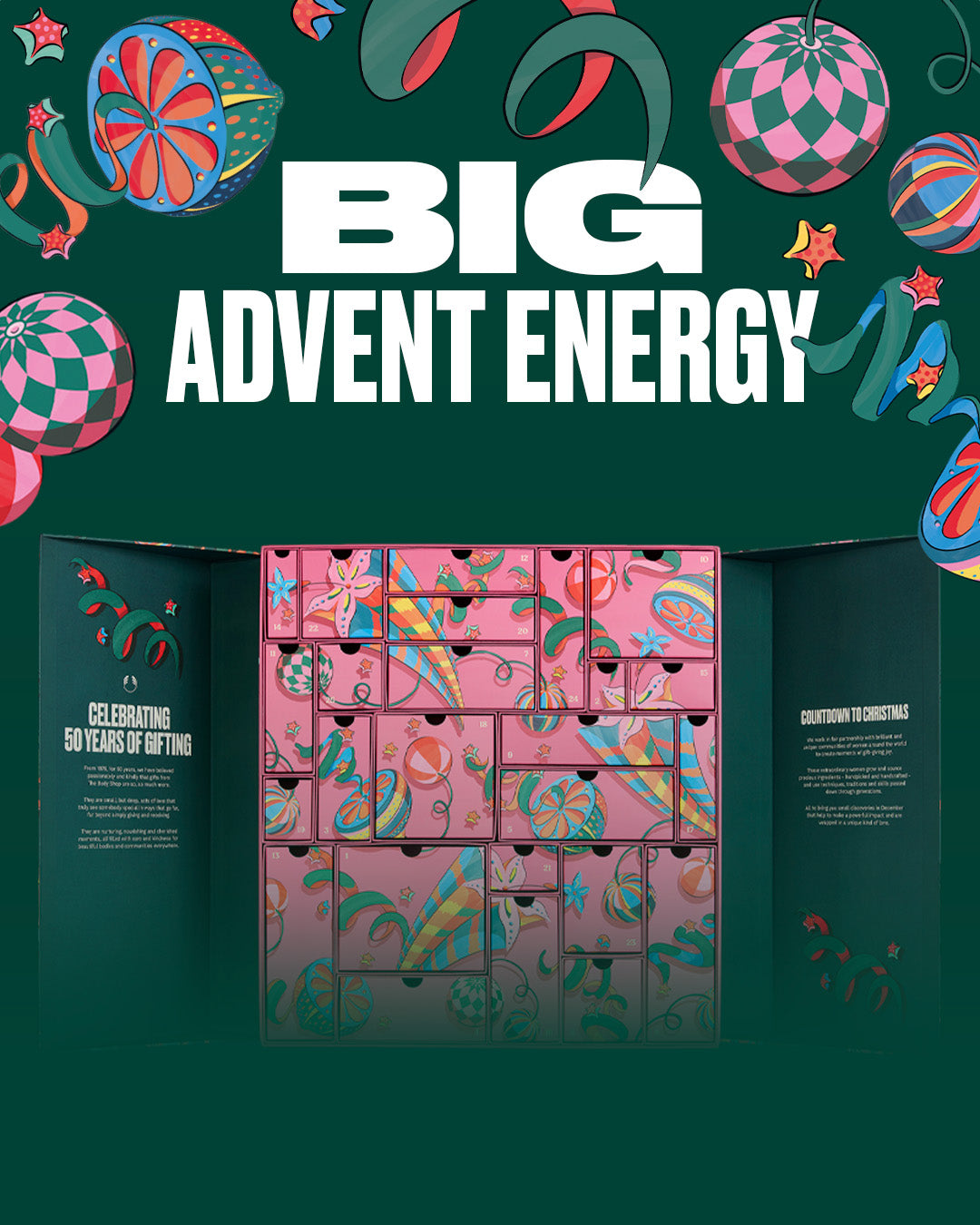 A festive product graphic for a 'BIG ADVENT ENERGY' advent calendar. The open calendar reveals multiple pink drawers decorated with colorful abstract patterns.