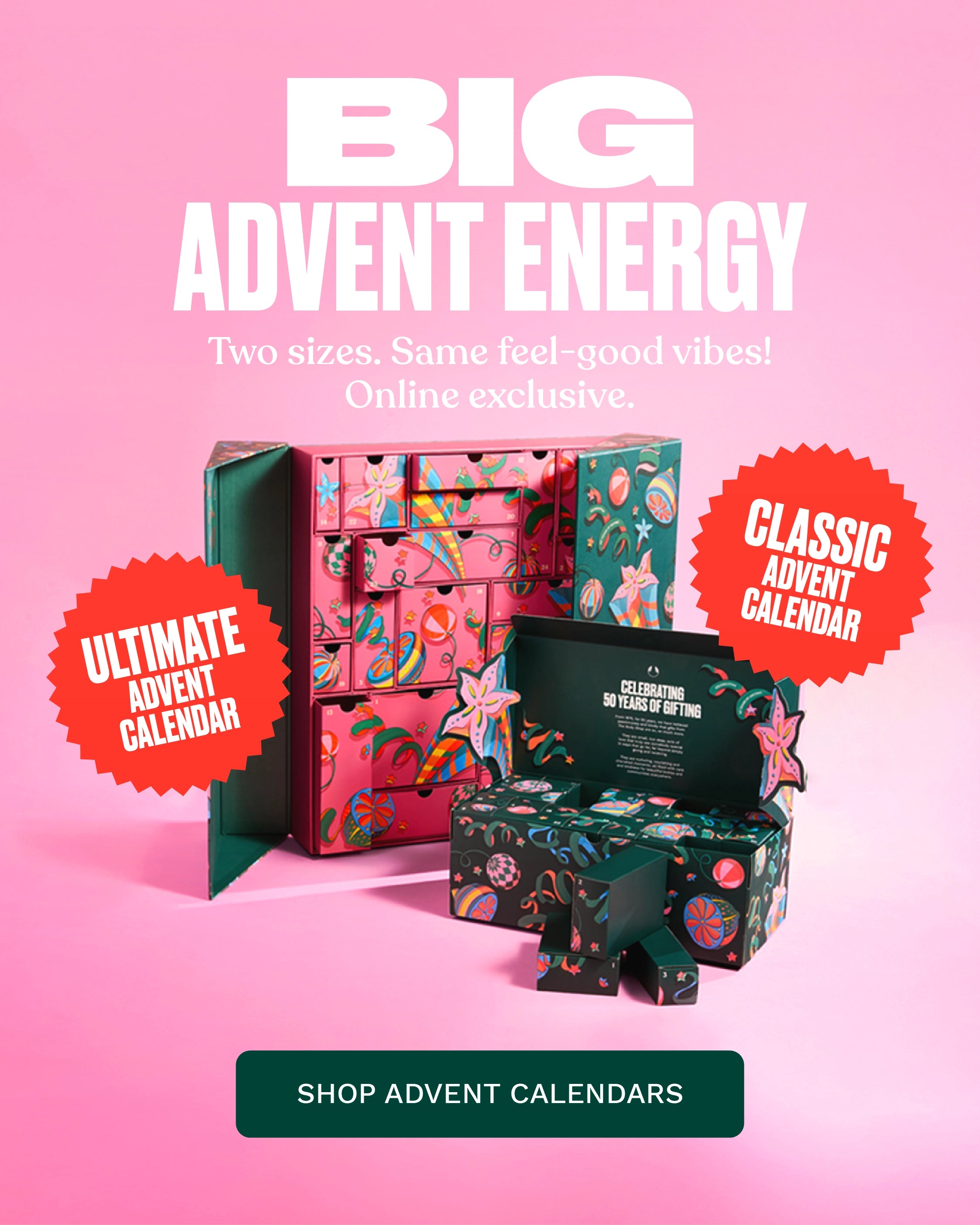 Promotional graphic for Big Advent Energy featuring two colorful advent calendar boxes on a pink gradient background. One open box shows multiple decorated drawers, and one closed box is shown beside it.