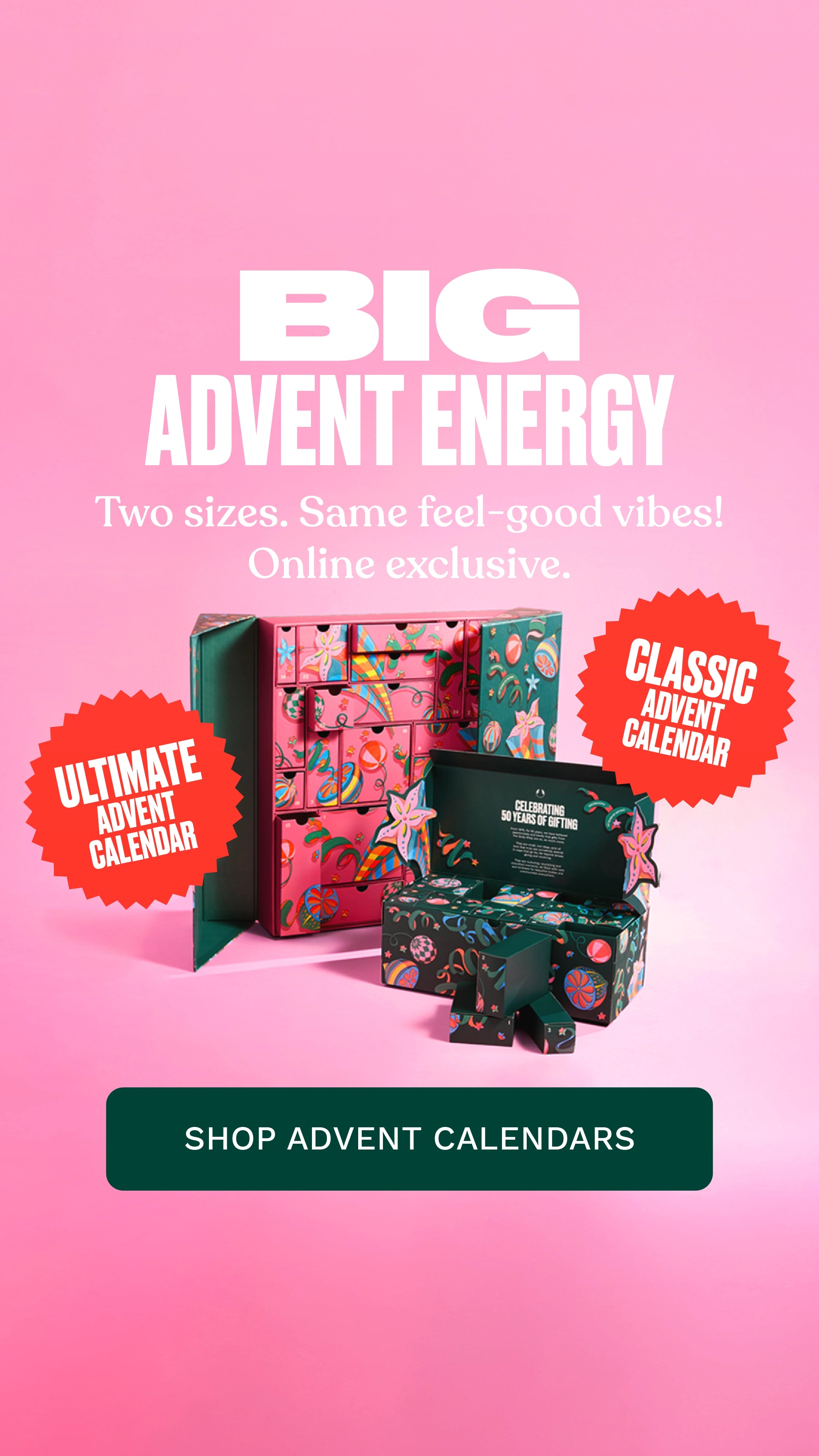 Promotional graphic for Big Advent Energy calendars on a pink background. The image shows two colorful advent calendar boxes, one open with multiple small boxes inside and one closed, with decorative text including 'BIG ADVENT ENERGY,' 'Two sizes.