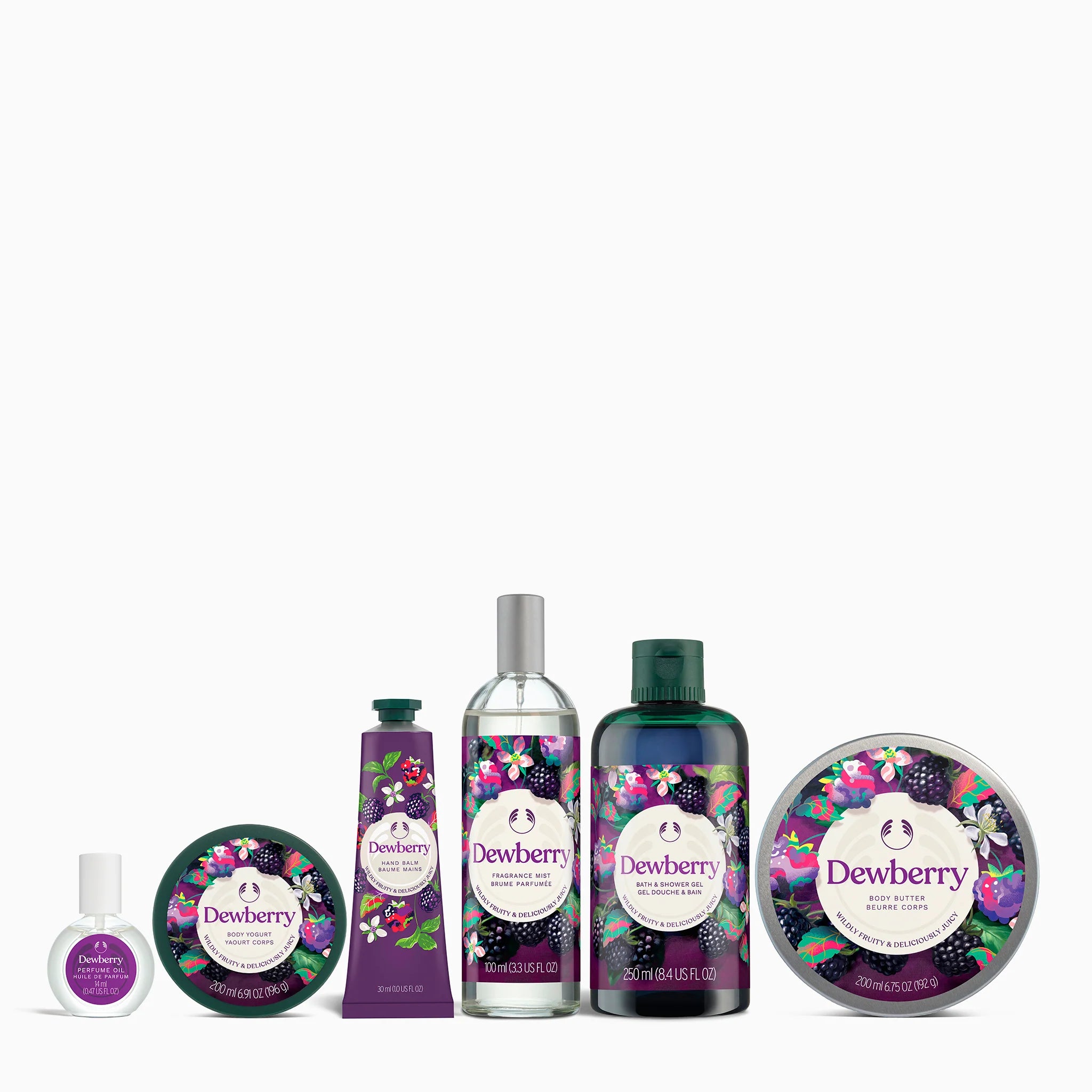 Collection of Dewberry bodycare products on a white background