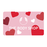 The Body Shop gift card with red hearts on a pink background