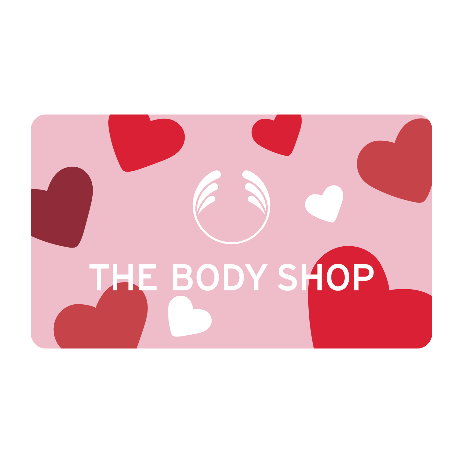 The Body Shop gift card with red hearts on a pink background