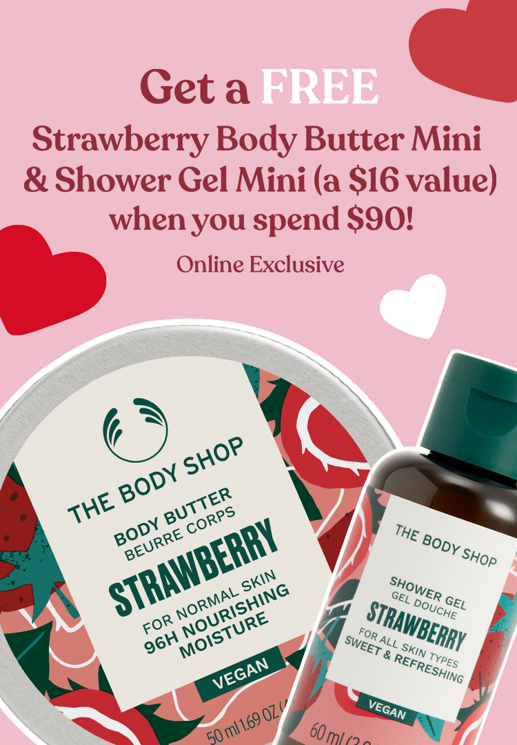 Promotional offer for The Body Shop Strawberry body butter and shower gel miniatures on a pink background with hearts.
