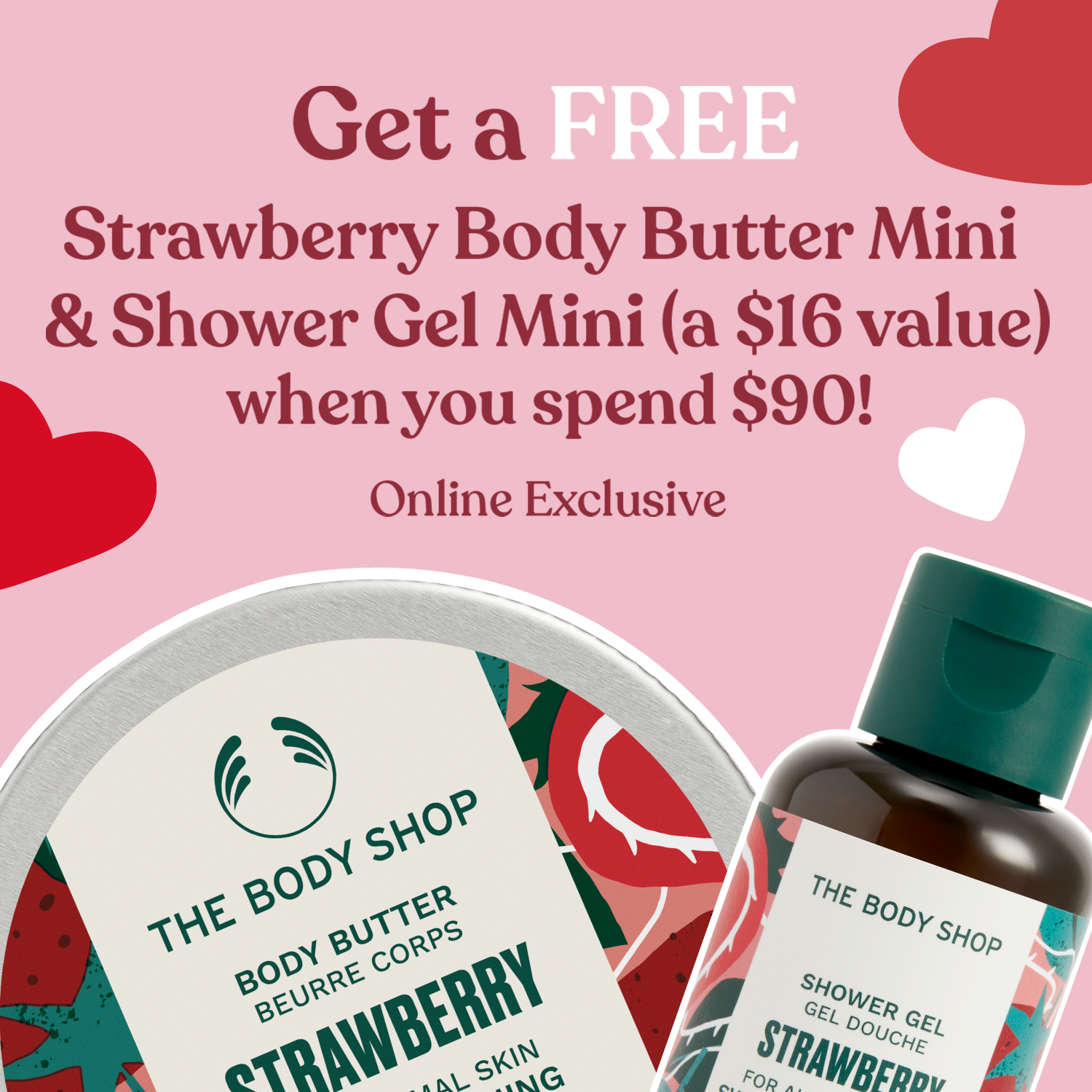 Promotional offer for The Body Shop strawberry body butter and shower gel miniatures on a pink background with hearts.