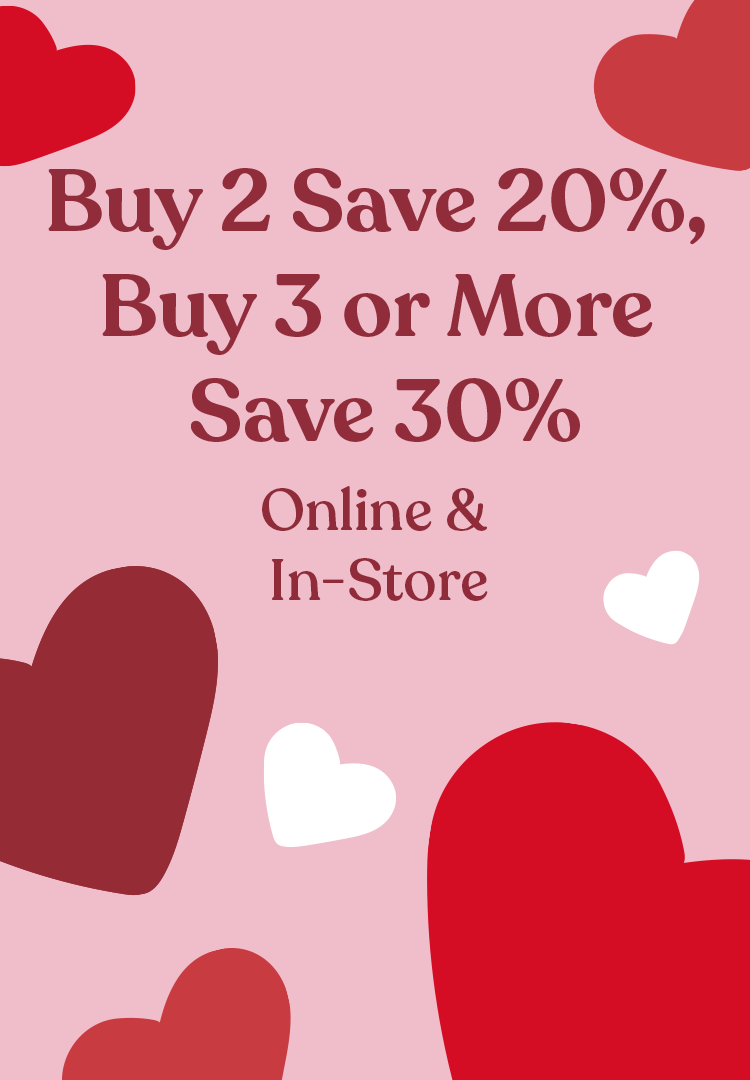 Promotional text for a discount offer with red hearts on a pink background