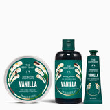 The Body Shop Vanilla product set including a body butter, bath and shower gel, and hand balm on a white background.