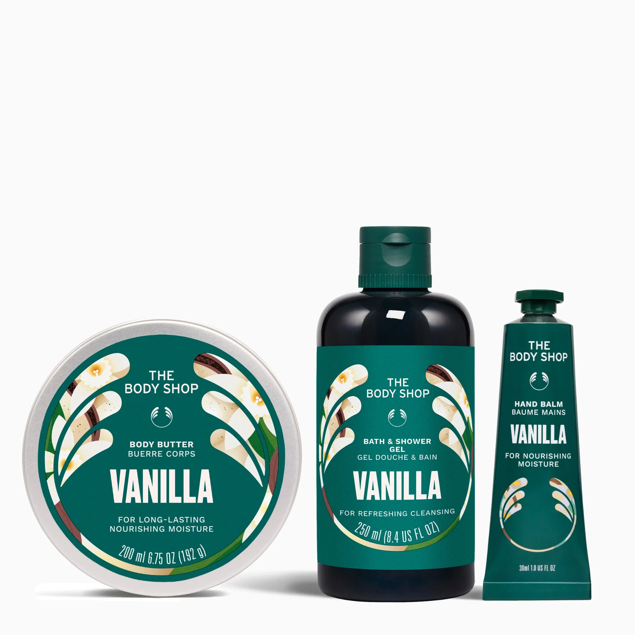 The Body Shop Vanilla product set including a body butter, bath and shower gel, and hand balm on a white background.
