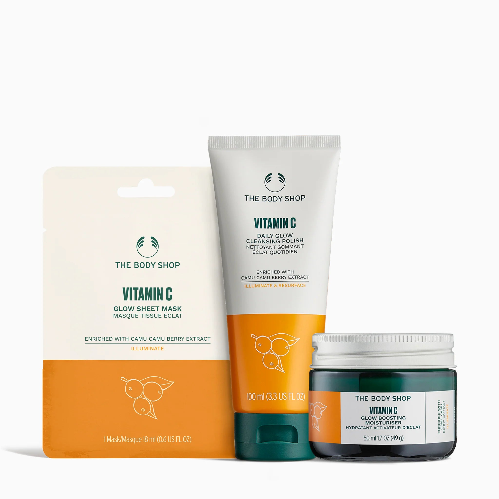 The Body Shop skincare products including a sheet mask, cleansing polish, and moisturizer on a white background.