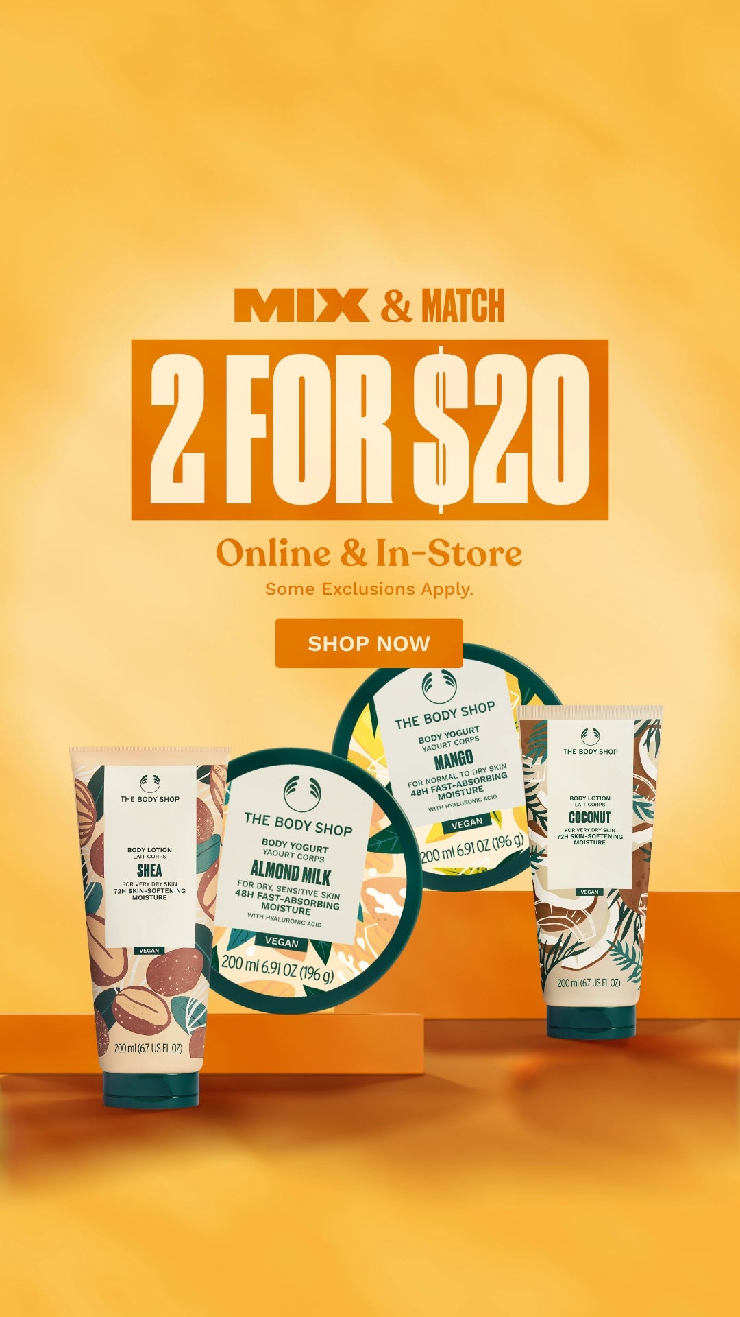 Promotional graphic for The Body Shop with 'Mix & Match 2 for $20' offer on an orange background.