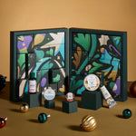 Two advent calendars with cosmetic products on a brown background