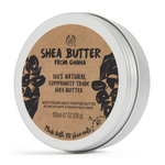 Shea butter container with brown label and silver lid on a white background
