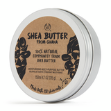 Shea butter container with brown label and silver lid on a white background