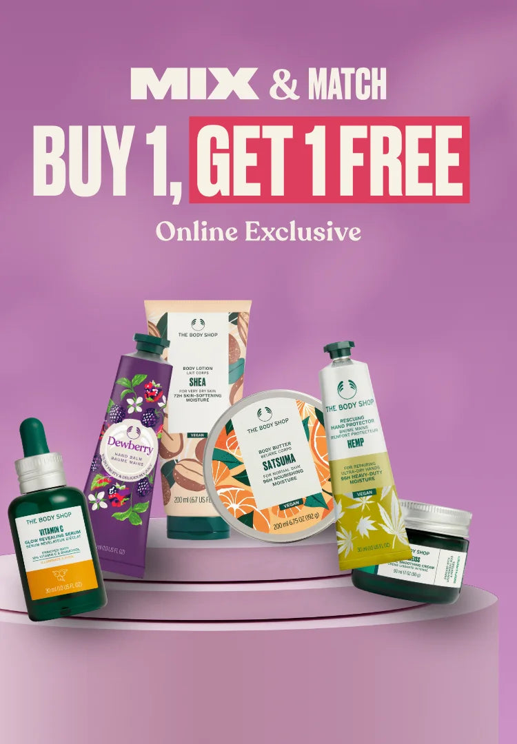 Promotional image of The Body Shop products with 'Mix & Match, Buy 1, Get 1 Free' offer on a purple background.