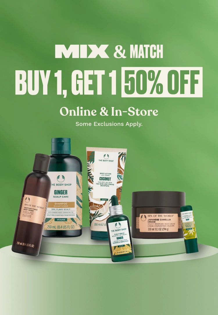 Promotional advertisement for a beauty product line with 'Mix & Match, Buy 1, Get 1 50% Off' offer on a green background.